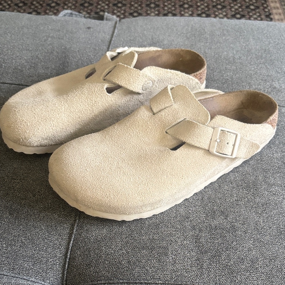 Birkenstock Beige Suede Mules with Buckle